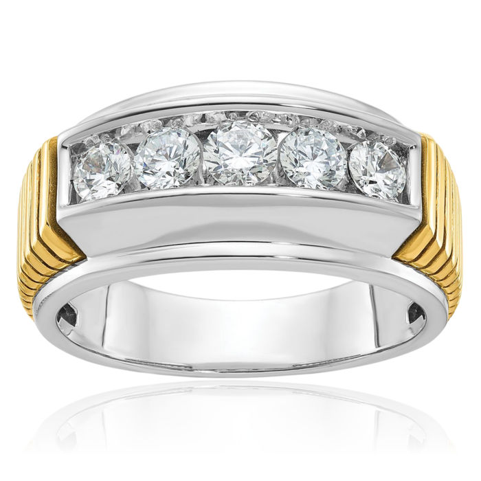 14K Solid Two Tone Gold Mens 5 Stone Diamond Wedding Band Statement Ring