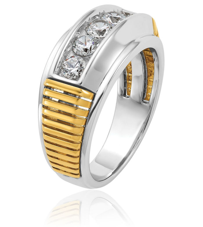 14K Solid Two Tone Gold Mens 5 Stone Diamond Wedding Band Statement Ring