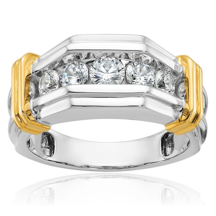 14K Solid Two Tone Gold Mens 5 Stone Diamond Wedding Band Statement Ring