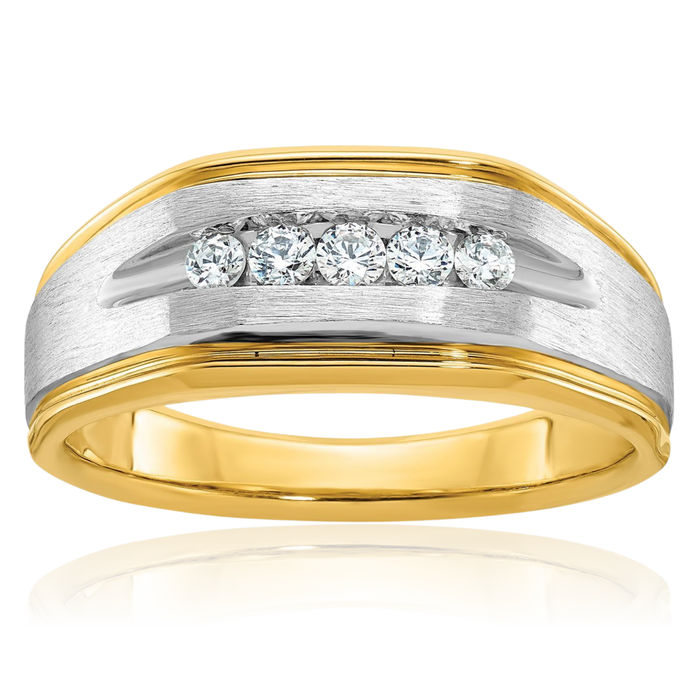 14K Solid Two Tone Yellow White Gold Mens 5 Stone Diamond Wedding Band Statement Ring