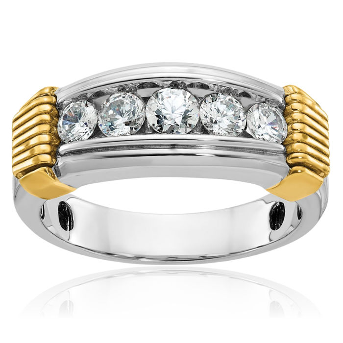 14K Solid Two Tone Gold Mens 5 Stone Diamond Wedding Band Statement Ring