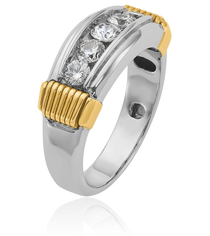 14K Solid Two Tone Gold Mens 5 Stone Diamond Wedding Band Statement Ring