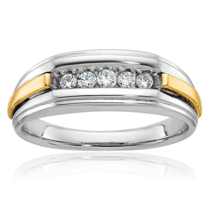 14K Solid Two Tone Gold Mens 5 Stone Diamond Wedding Band Statement Ring