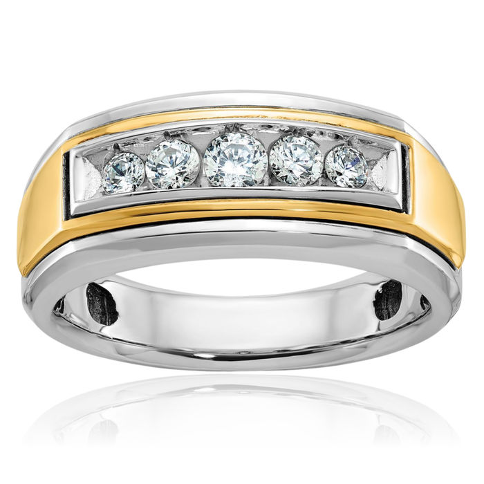 14K Solid Two Tone Gold Mens 5 Stone Diamond Wedding Band Statement Ring