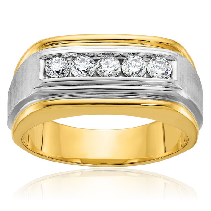 14K Solid Two Tone Gold Mens 5 Stone Diamond Wedding Band Statement Ring