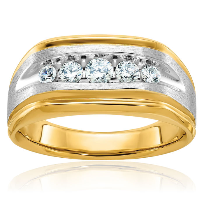 14K Solid Two Tone Gold Mens 5 Stone Diamond Wedding Band Statement Ring