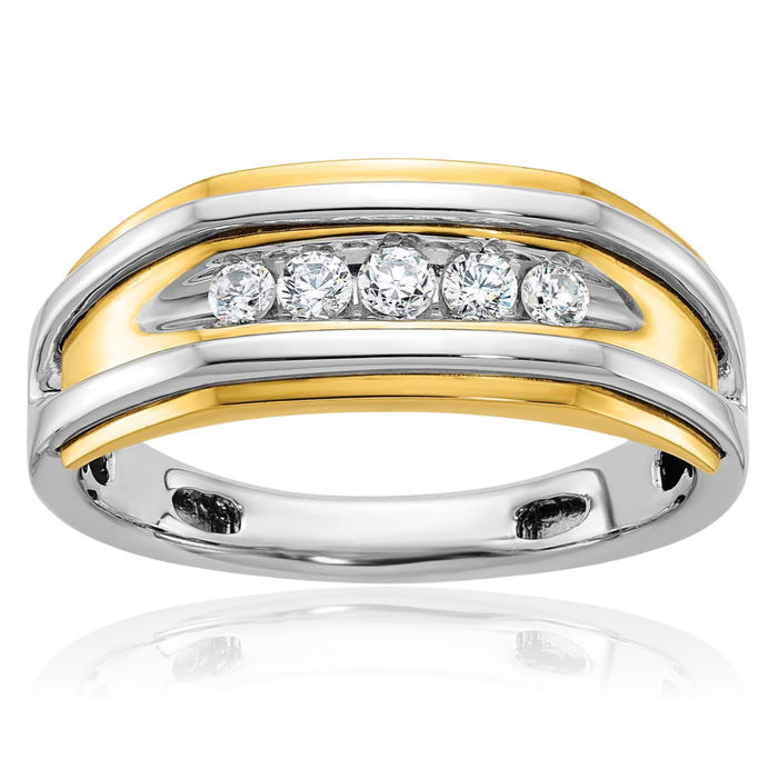 14K Solid Two Tone Gold Mens 5 Stone Diamond Wedding Band Statement Ring