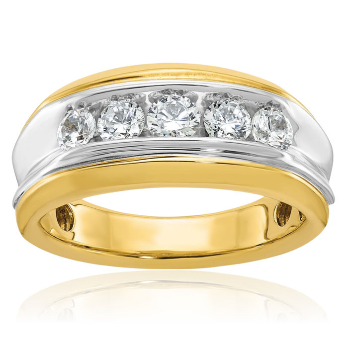 14K Solid Two Tone Gold Mens 5 Stone Diamond Wedding Band Ring