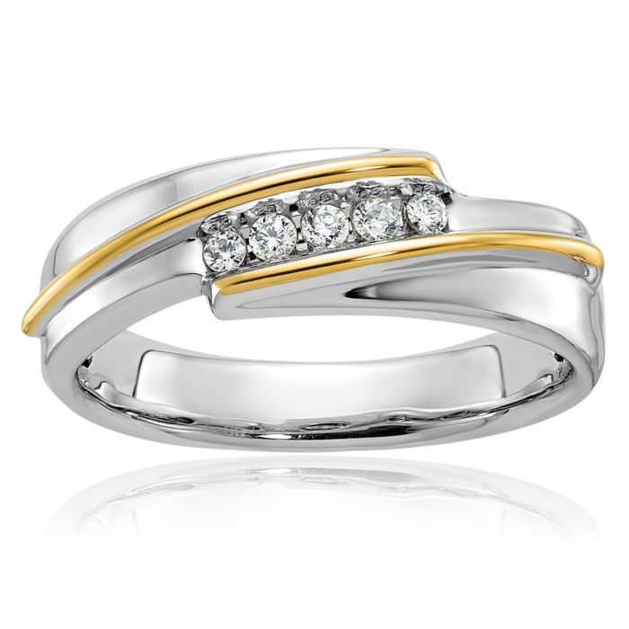 14K Solid Two Tone Gold Mens 5 Stone Diamond Wedding Band Ring