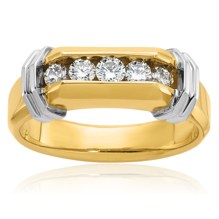 14K Solid Two Tone Gold Mens 5 Stone Diamond Wedding Band Ring