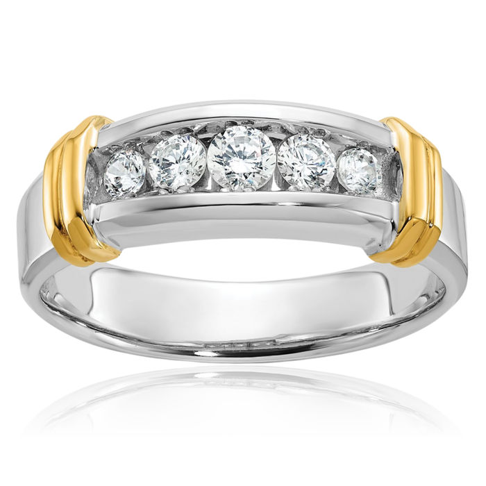 14K Solid Two Tone Gold Mens 5 Stone Diamond Wedding Band Ring