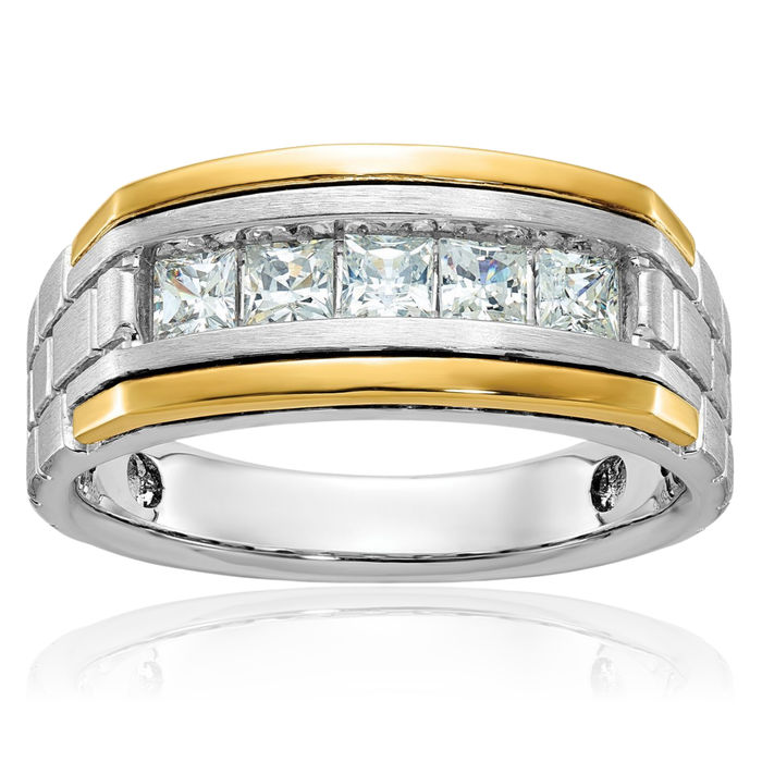 14K Solid Two Tone Gold Mens 5 Stone Square Diamond Wedding Band Statement Ring