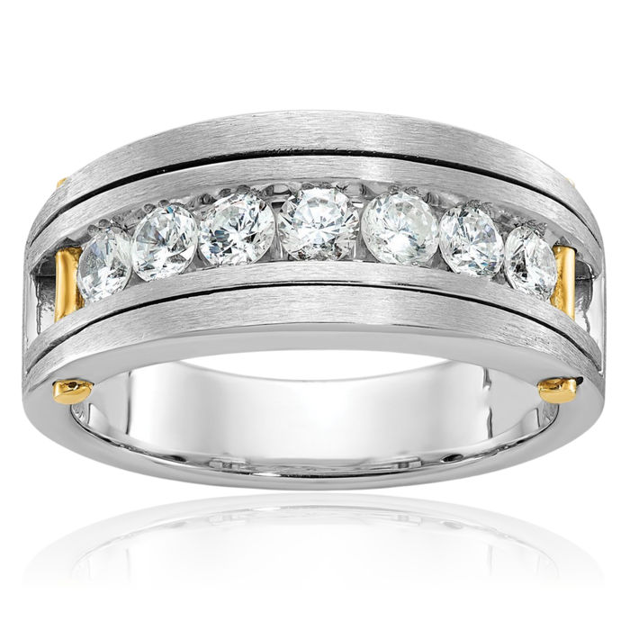 14K Solid Two Tone Gold Mens 7 Stone Diamond Wedding Band Statement Ring