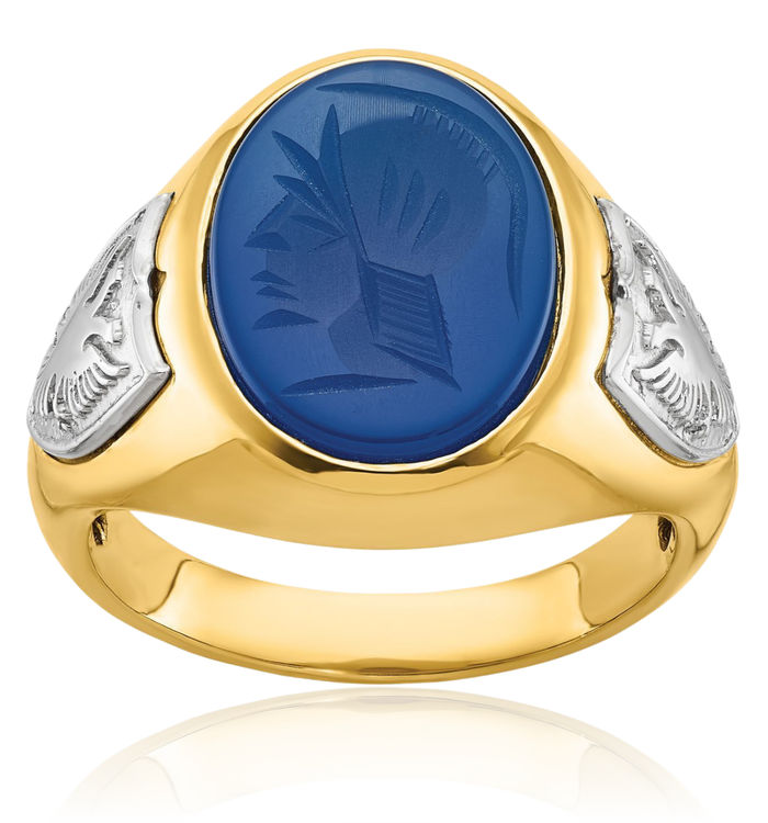 14K Solid Two Tone Gold Mens Blue Agate Statement Ring