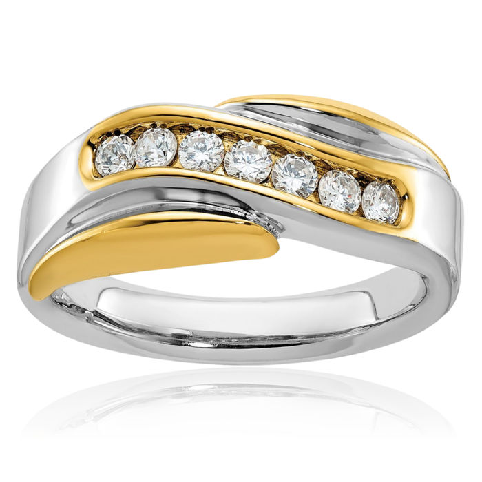 14K Solid Two Tone Gold Mens Bypass Diamond Wedding Band Statement Ring