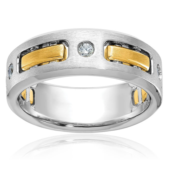 14K Solid Two Tone Gold Mens Diamond 3 Stone Wedding Band Statement Ring