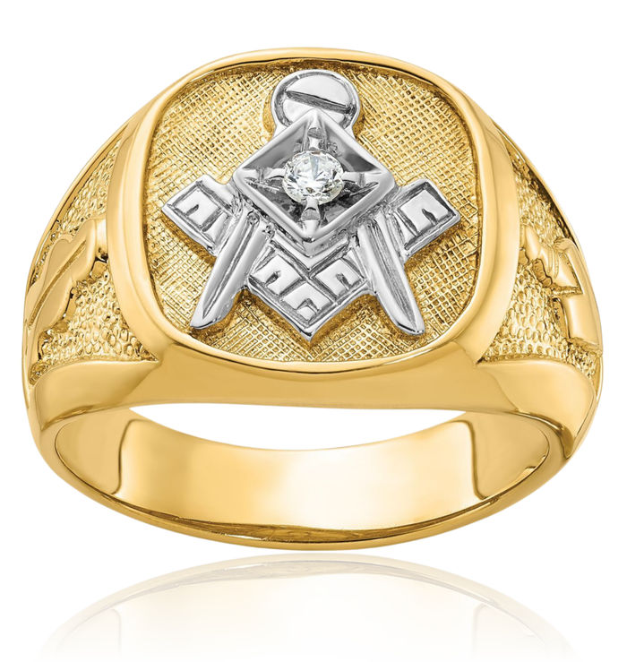 14K Solid Two Tone Yellow White Gold Mens Diamond Blue Lodge Master Mason Signet Freemason Masonic Ring