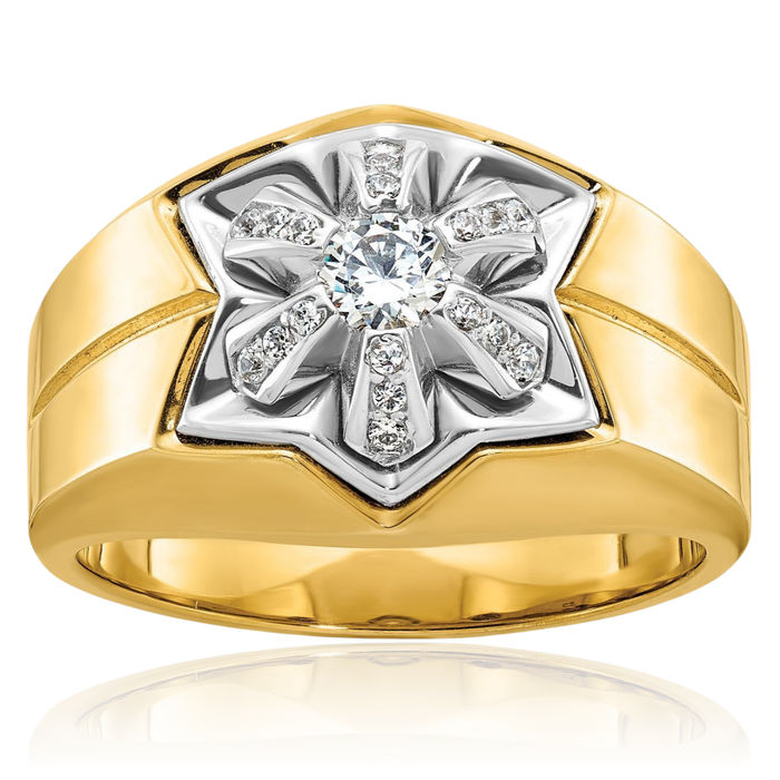 14K Solid Two Tone Gold Mens Diamond Star Statement Ring