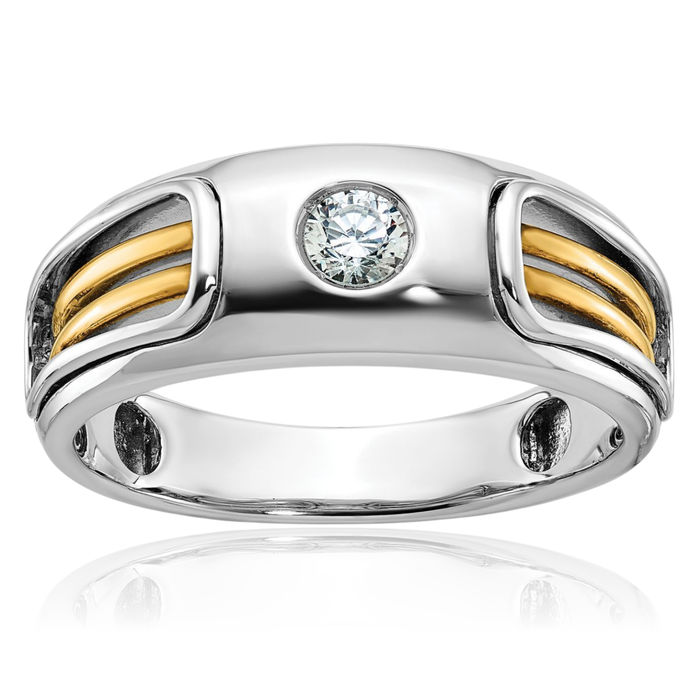 14K Solid Two Tone Gold Mens Diamond Wedding Band Statement Ring