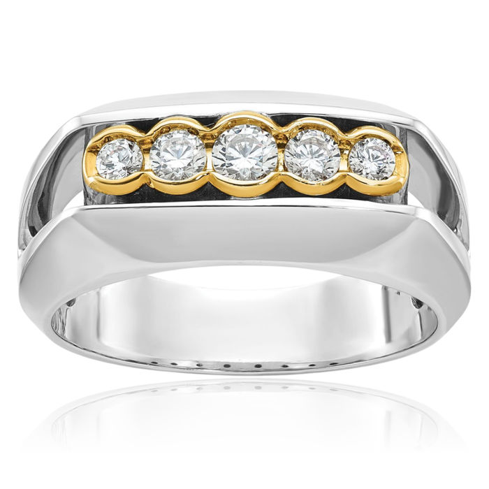 14K Solid Two Tone Gold Mens Graduated 5 Stone Diamond Wedding Band Ring