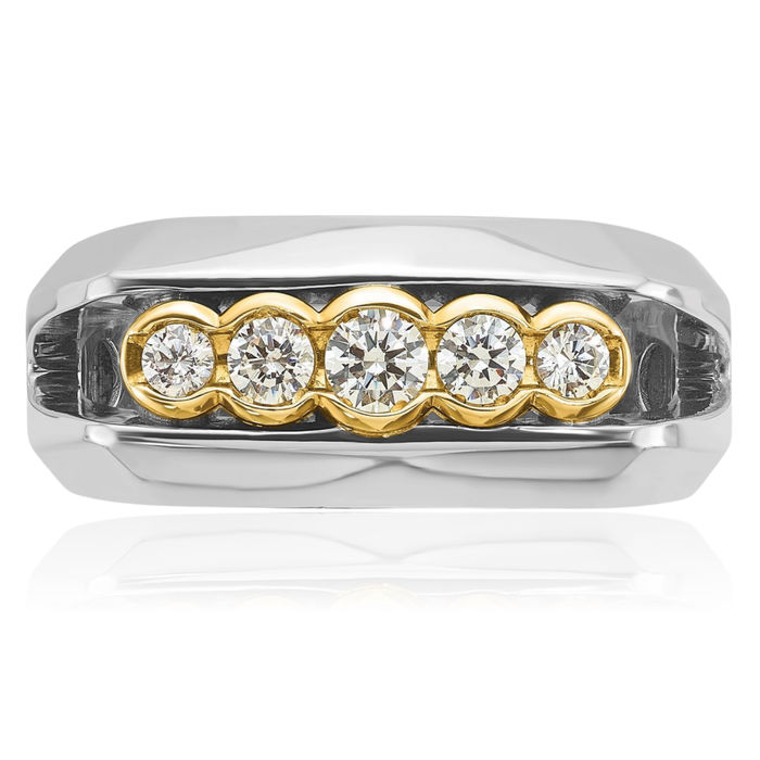 14K Solid Two Tone Gold Mens Graduated 5 Stone Diamond Wedding Band Ring