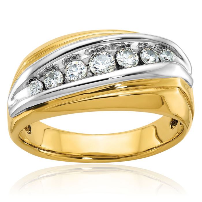 14K Solid Two Tone Gold Mens Graduated 7 Stone Diamond Ring