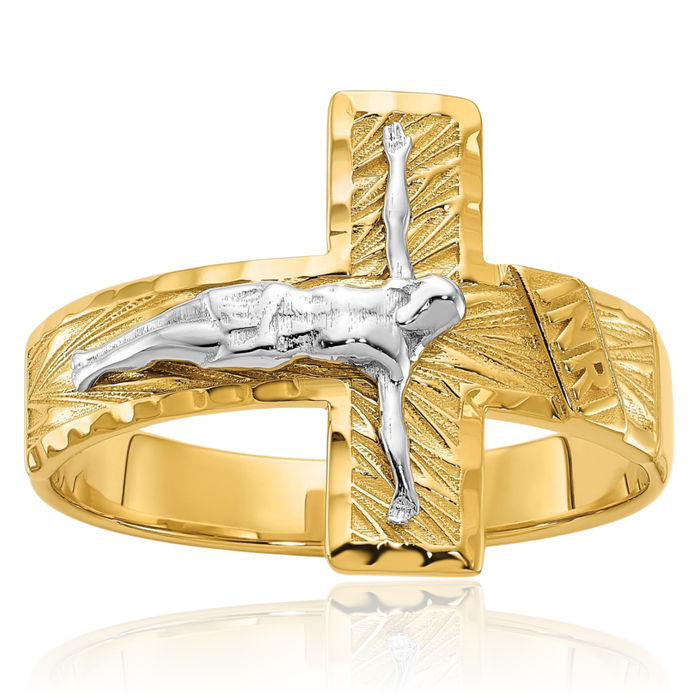 14K Solid Two Tone Gold Mens Lord Jesus Christ Crucifix Holy Cross Ring Christian Religious Band