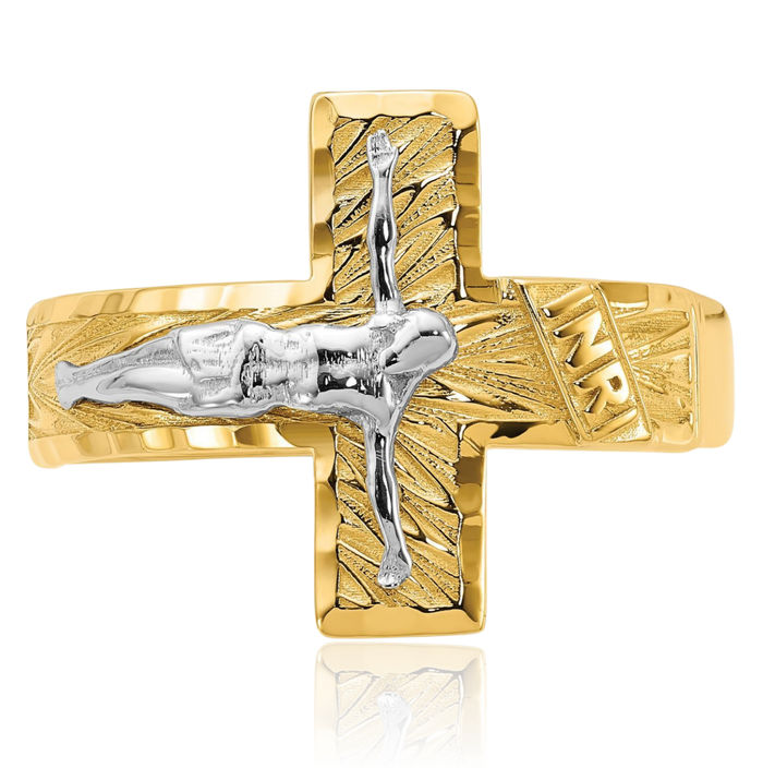 14K Solid Two Tone Gold Mens Lord Jesus Christ Crucifix Holy Cross Ring Christian Religious Band