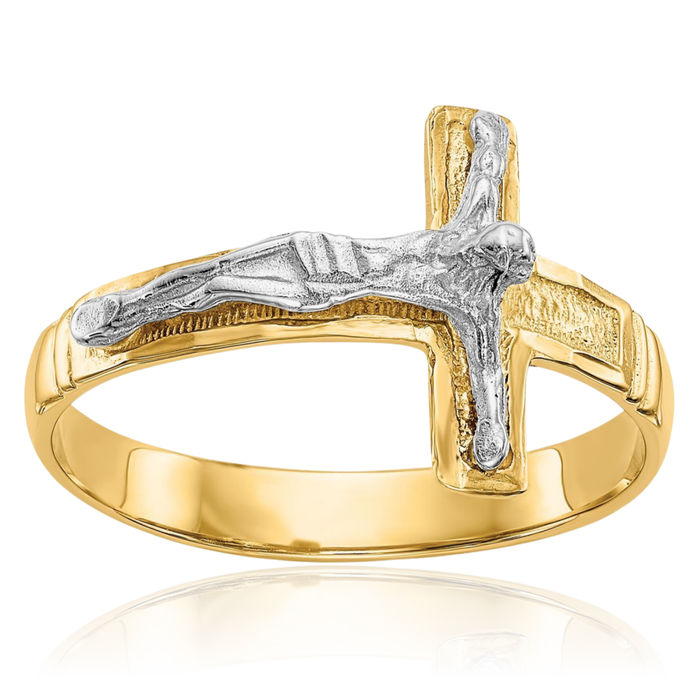 14K Solid Two Tone Gold Mens Lord Jesus Christ Crucifix Holy Cross Ring Christian Religious Band