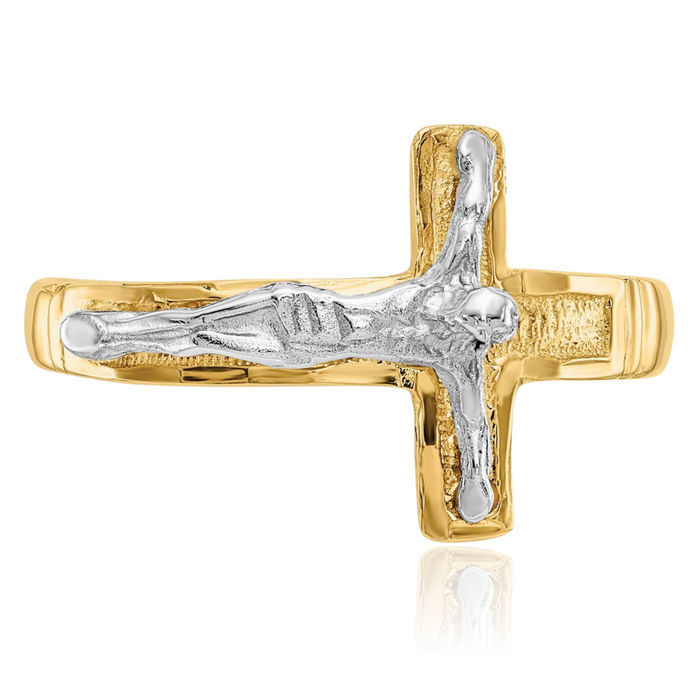 14K Solid Two Tone Gold Mens Lord Jesus Christ Crucifix Holy Cross Ring Christian Religious Band