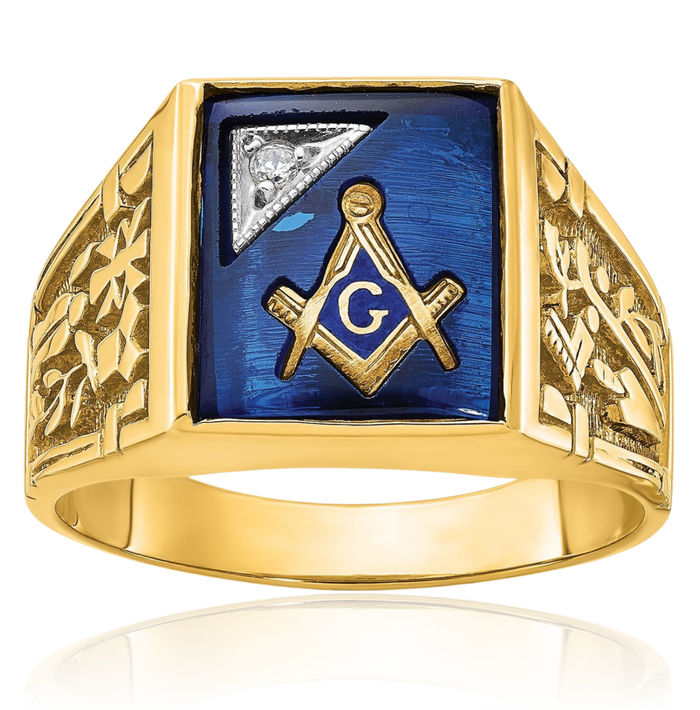 14K Solid Two Tone Gold Mens Lab Blue Sapphire Diamond Lodge Master Mason Signet Freemason Masonic Ring