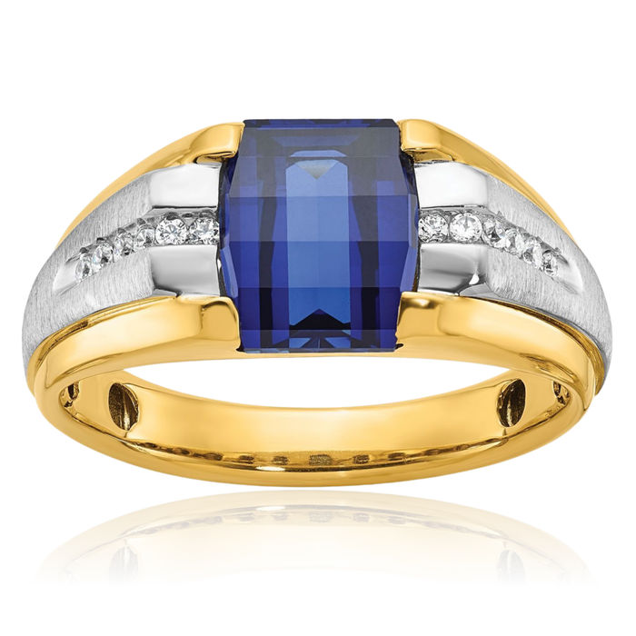 14K Solid Two Tone Gold Mens Lab Blue Sapphire Diamond Ring