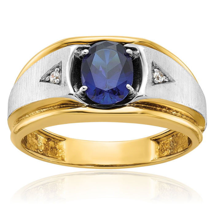 14K Solid Two Tone Gold Mens Lab Blue Sapphire Diamond Statement Ring