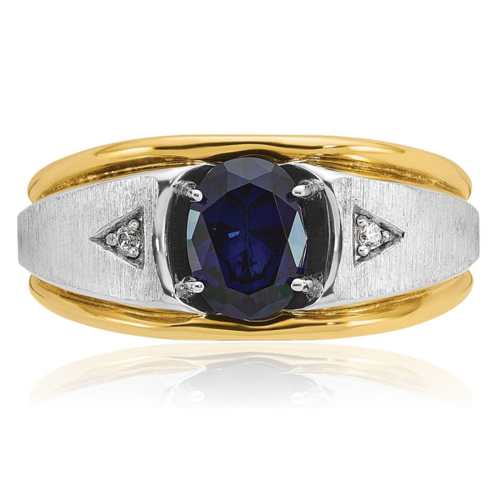 14K Solid Two Tone Gold Mens Lab Blue Sapphire Diamond Statement Ring