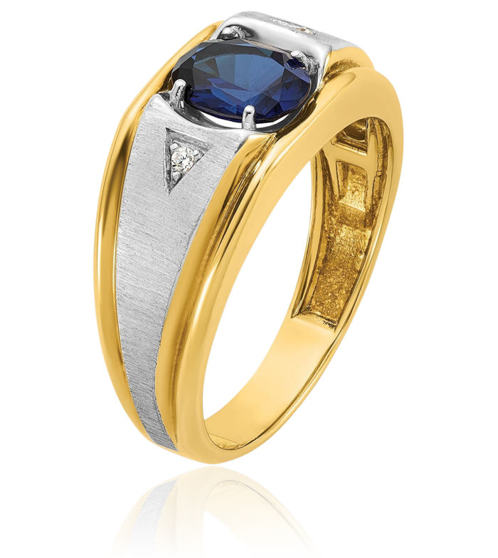 14K Solid Two Tone Gold Mens Lab Blue Sapphire Diamond Statement Ring