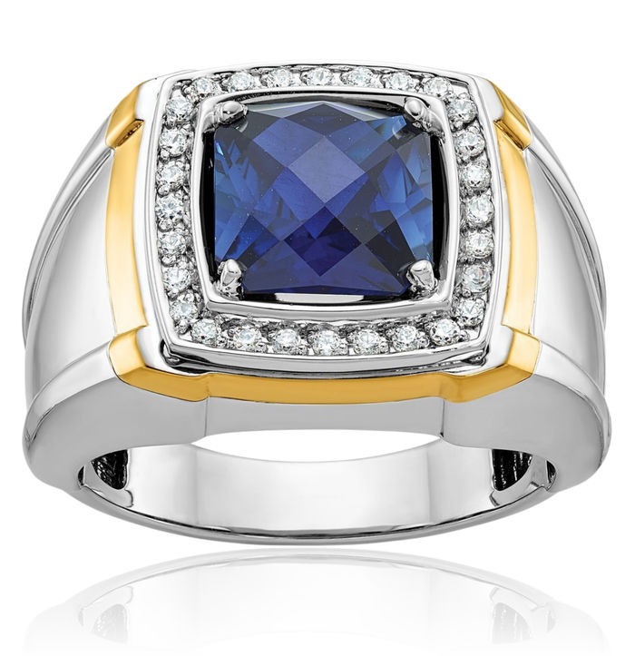 14K Solid Two Tone Gold Mens Lab Blue Sapphire Diamond Statement Ring