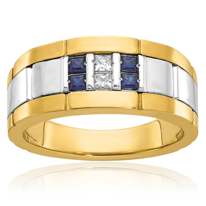 14K Solid Two Tone Gold Mens Lab Blue Sapphire Diamond Statement Ring