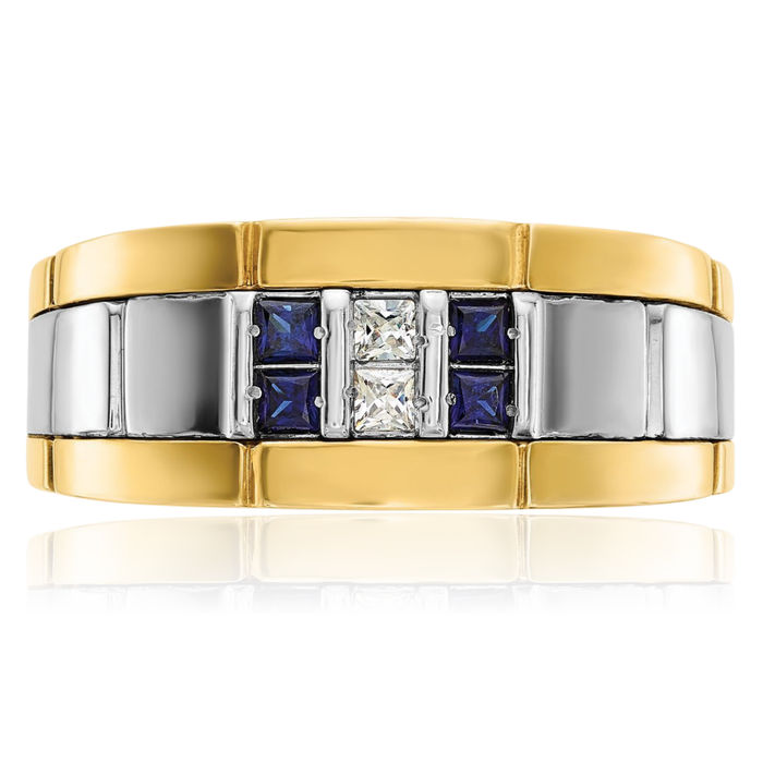 14K Solid Two Tone Gold Mens Lab Blue Sapphire Diamond Statement Ring