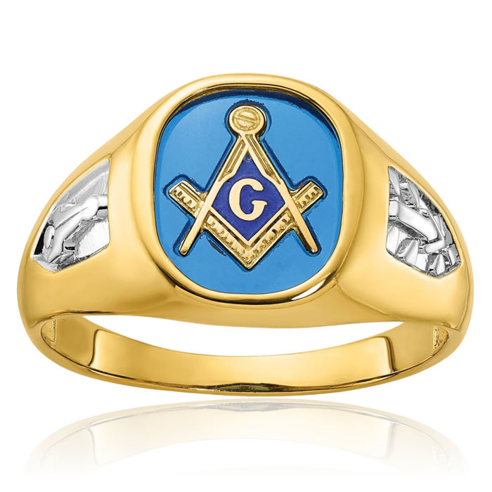 14K Solid Two Tone Yellow White Gold Mens Lab Blue Sapphire Lodge Master Mason Signet Freemason Masonic Ring