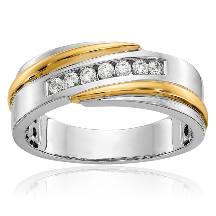 14K Solid Two Tone Gold White Mens Lab Diamond Wedding Band Ring