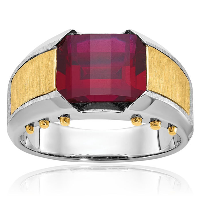 14K Solid Two Tone Gold Mens Lab Red Garnet Statement Ring