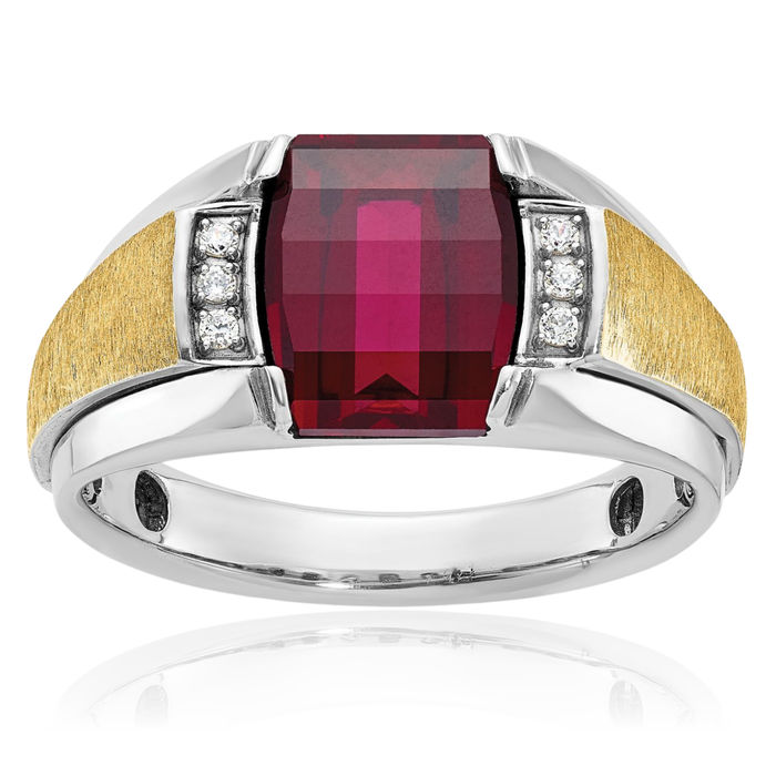 14K Solid Two Tone Gold Mens Lab Red Ruby Diamond Ring