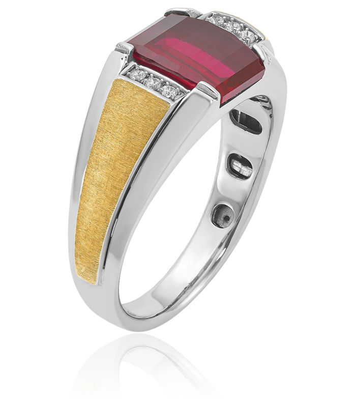 14K Solid Two Tone Gold Mens Lab Red Ruby Diamond Ring