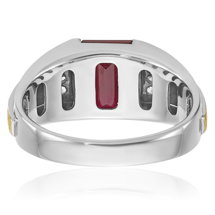 14K Solid Two Tone Gold Mens Lab Red Ruby Diamond Ring