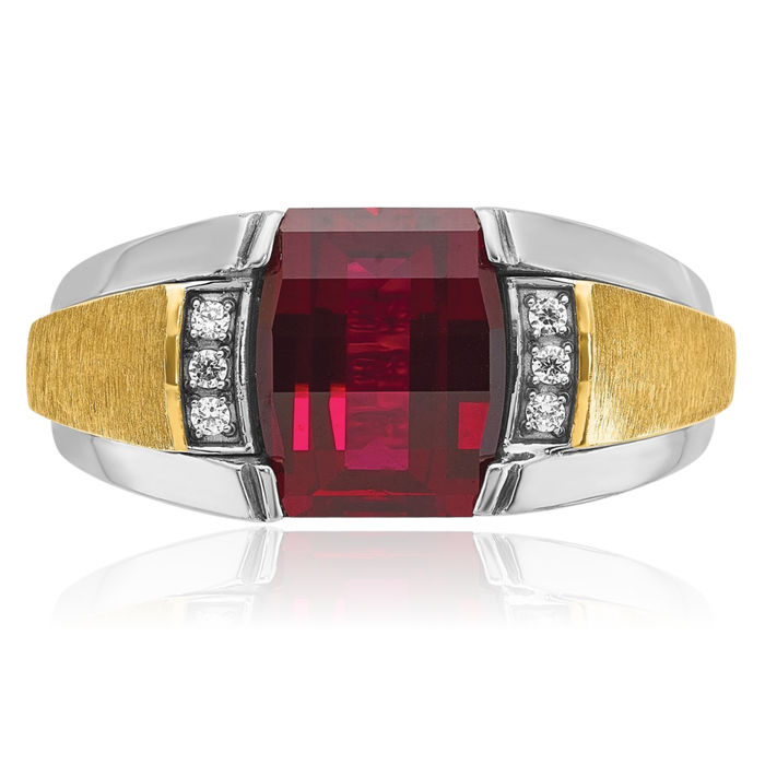 14K Solid Two Tone Gold Mens Lab Red Ruby Diamond Ring