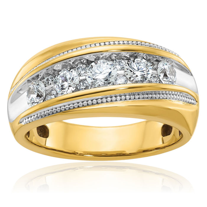 14K Solid Two Tone Yellow White Gold Mens Milgrain Diamond Wedding Band Statement Ring