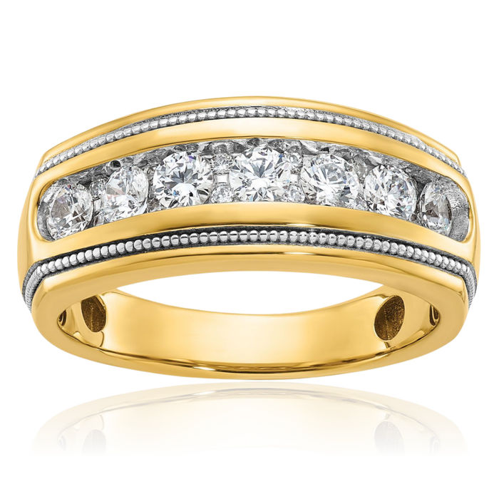 14K Solid Two Tone Yellow White Gold Mens Milgrain Diamond Wedding Band Statement Ring