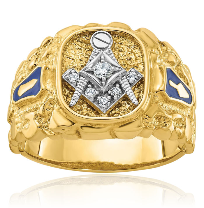 14K Solid Two Tone Gold Mens Chunky Nugget Diamond Blue Lodge Master Mason Signet Freemason Masonic Ring