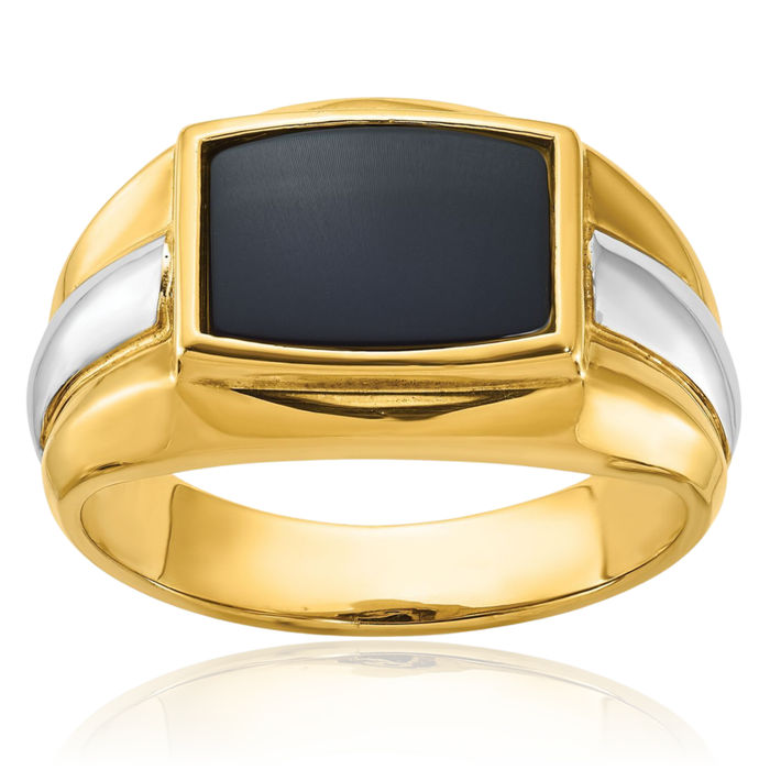 14K Solid Two Tone Gold Mens Black Onyx Ring