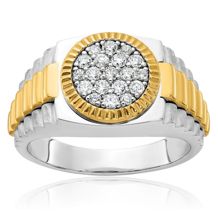 14K Solid Two Tone Gold Mens Ribbed Diamond Round Statement Ring